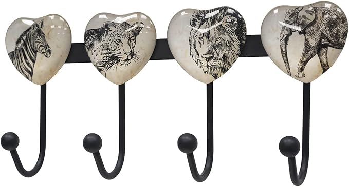 Coat Rack Wall Mounted with 4 Hook, Heart Glass Finishes Animal Pattern by BanllisDinoFunandSpaceAdventures