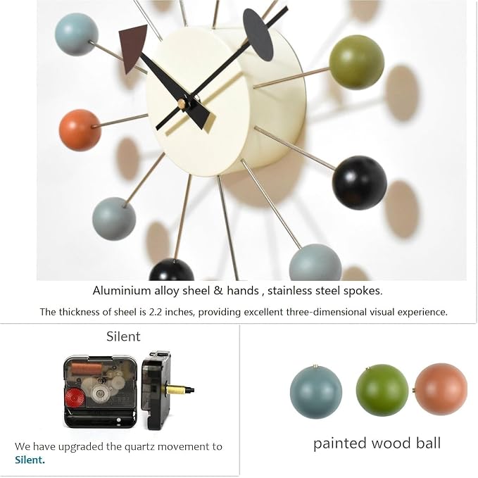 Wood Ball Wall Clock Mid Century Modern Silent Non Ticking Battery Operated 13 - Image 4