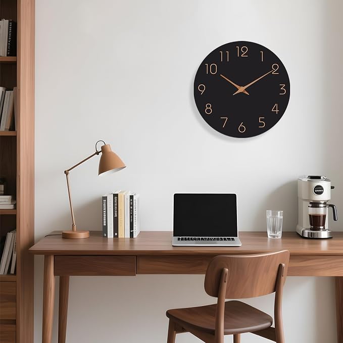 Mosewa Wall Clock 14 Inch Black Battery Operated Silent Non Ticking Simple - Image 7