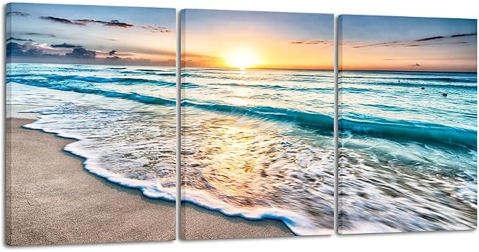 Wieco Art 3 Panels Blue Beach Sunrise White Wave Pictures on Canvas Wall Art by WiecoArt