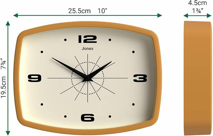JONES CLOCKS® Movie wall Clock | Retro Rectangular Clock | 10 inch | Mustard - Image 4