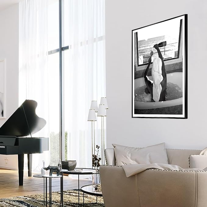Trendy Black and White Poster Funny Woman Drinking Wine in Bathtub Wall Art - Image 6
