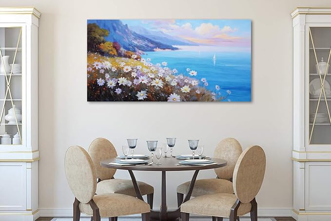 Anolyfi Coastal Landscape Wall Art Nature Flower Mountain Canvas Painting Blue - Image 6