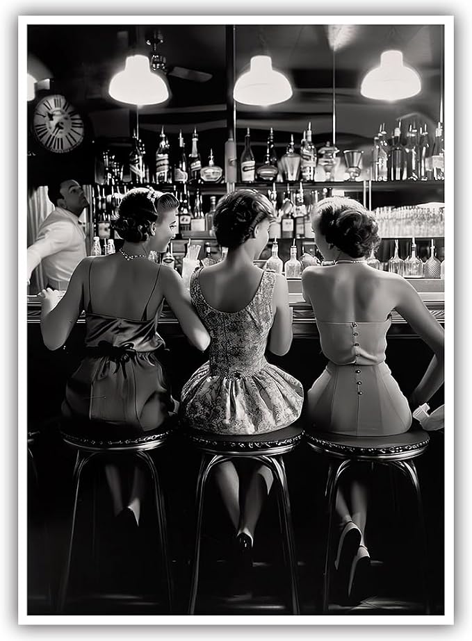 Vintage Black and White Posters Trendy Women Drink Cocktail Wall Art Funky by Acqooeakt