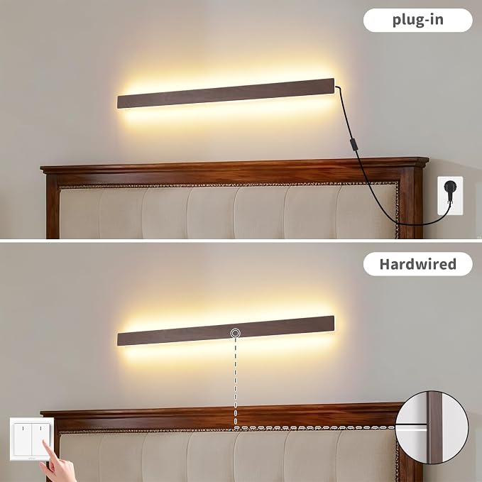 KELUOLY Farmhouse Plug in Long Wall Sconce, 31.4 inch Faux Walnut Finish LED - Image 4
