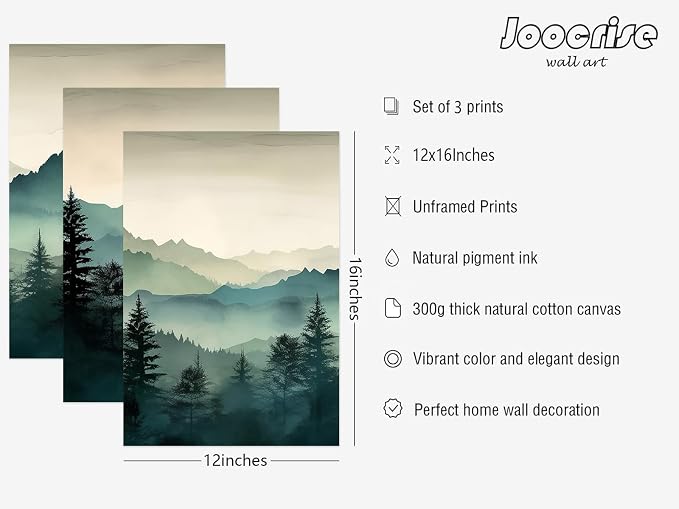 Mountain Wall Art Decor Set of 3 Sage Green Forest Canvas Wall Art Prints - Image 2