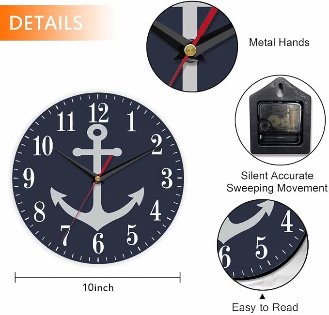 Mxocom Anchor Wall Clock Boat Anchor Marine Navigation Blue 10 Inch Silent Non - Image 2