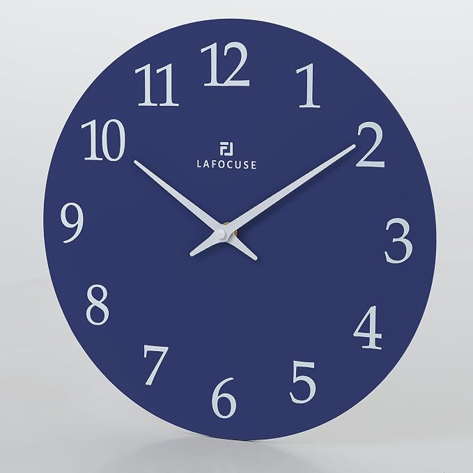 Lafocuse 12 Inch Wooden Navy Blue Wall Clock Battery Operated, Simple - Image 4