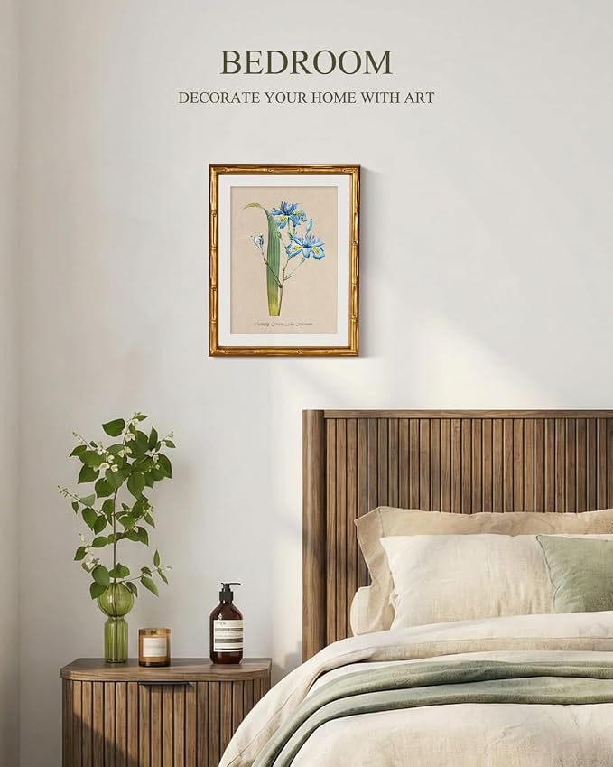 InSimSea Gold Bamboo Framed Canvas Wall Art, Retro Blue Iris Botanical Prints - Image 6