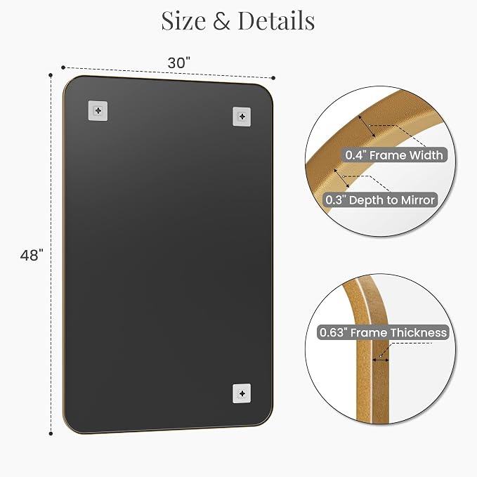 30x48 Inch Oversized Matte Gold Bathroom Vanity Mirrors | Flush Mount Deep Set - Image 7