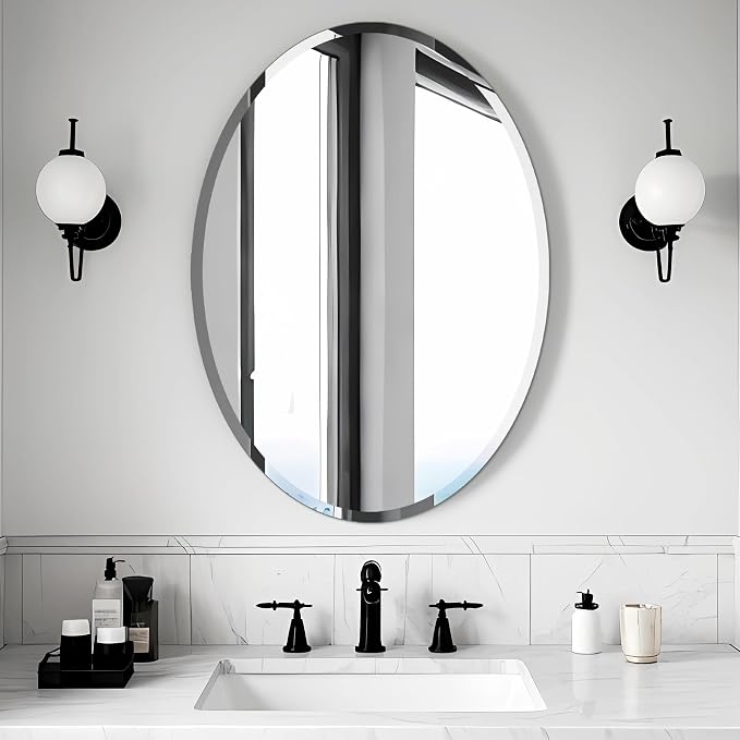 Bathroom Mirror for Over Sink, Oval Frameless Mirror, Beveled Polished Wall by Ruomeng