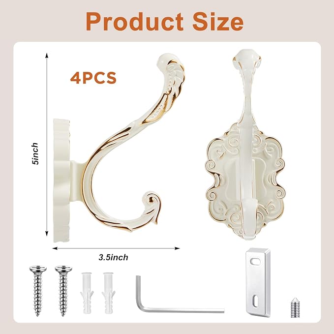 Zonon 4 Pcs White Wall Hooks Set Vintage Coat & Towel Hooks - Image 2