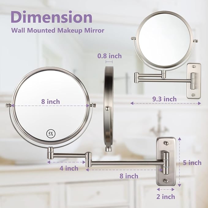 Wall Mounted Makeup Mirror, 1X/5X Magnifying Mirror Double Sided, 8 Inch - Image 4