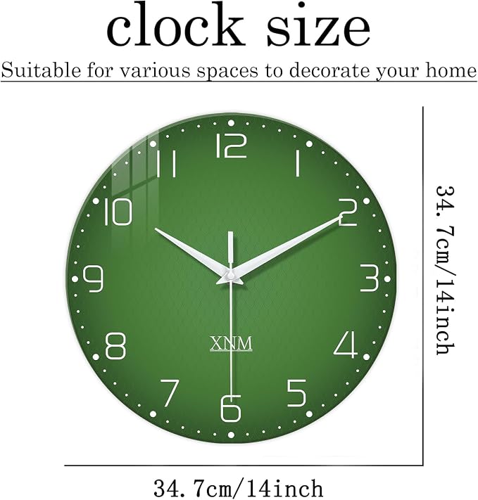 XNM Green Wall Clock for Bedroom Round Glass Wall Clocks Battery Operated 14 - Image 3
