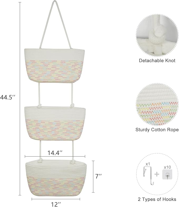 TeoKJ Over the Door Hanging Basket, 3-Tier Woven Cotton Wall-Mounted Storage - Image 2