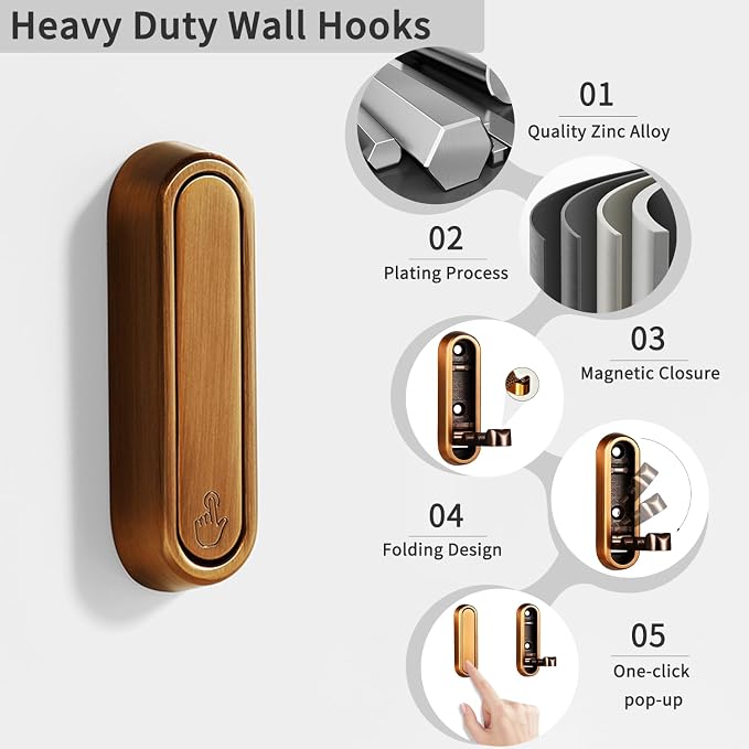 6PCS Foldable Wall Hooks, Zinc Alloy Flip Down Hooks, Retractable Wall Hooks - Image 2