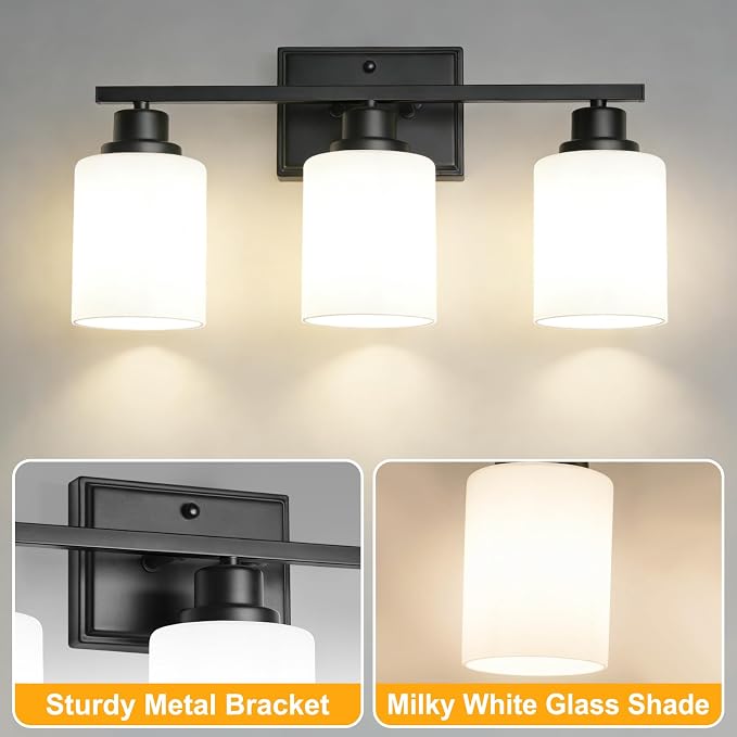 Unicozin 3-Light Bathroom Light Fixtures, Modern Black Vanity Light Over Mirror - Image 6