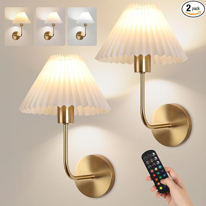 Wireless Wall Sconce Sets of 2, Pleated Shades Rechargeable Battery Operated by KELUOLY