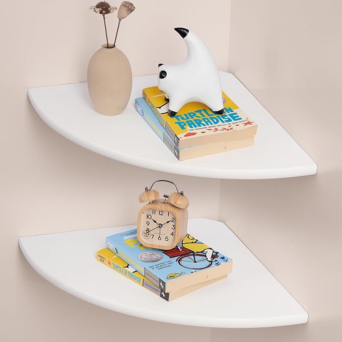 Gieanoo Floating Corner Shelves Set 2 12inch White Solid Oak Rounded Corner by GIEANOO