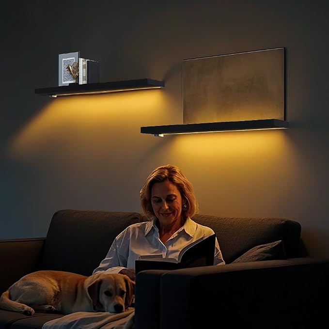 BAMEOS Floating Shelves with LED Light, Wall Mounted Wooden Shelves with - Image 3