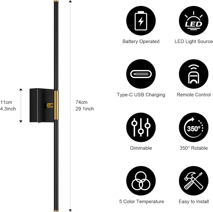 Wall Sconces Set of Two with Remote Control 29.1 in Dimmable Black Gold Battery - Image 4