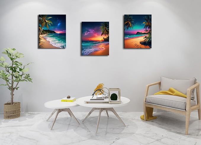 weiyiart 3-Piece Tropical Beach Wall Art, Northern Lights Ocean Sunset Canvas - Image 8