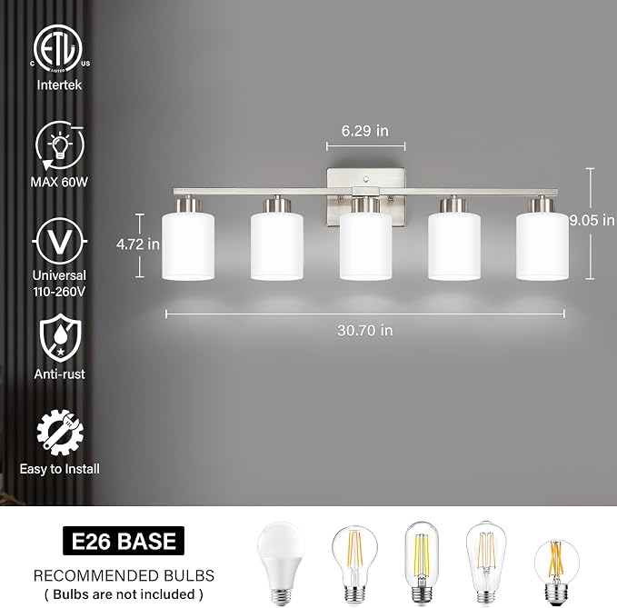 FonmYim Brushed Nickel Bathroom Light Fixtures, 5-Light Modern Vanity Light - Image 2