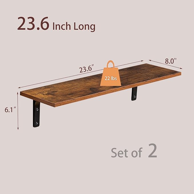 DINZI LVJ Long Wall Shelves, 23.6 Inch Wall Mounted Shelves Set of 2, - Image 3