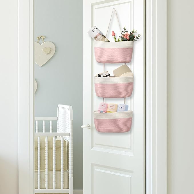 TeoKJ Over the Door Hanging Basket, 3-Tier Woven Cotton Wall-Mounted Storage - Image 5