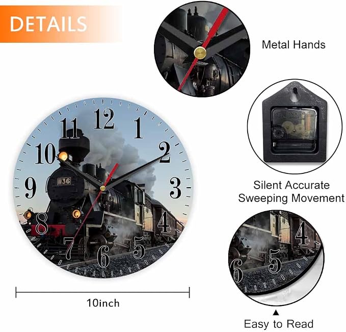 Mxocom Morning Train Wall Clock Old Steam Train Smoke Rairoad Sunrise 10 Inch - Image 2