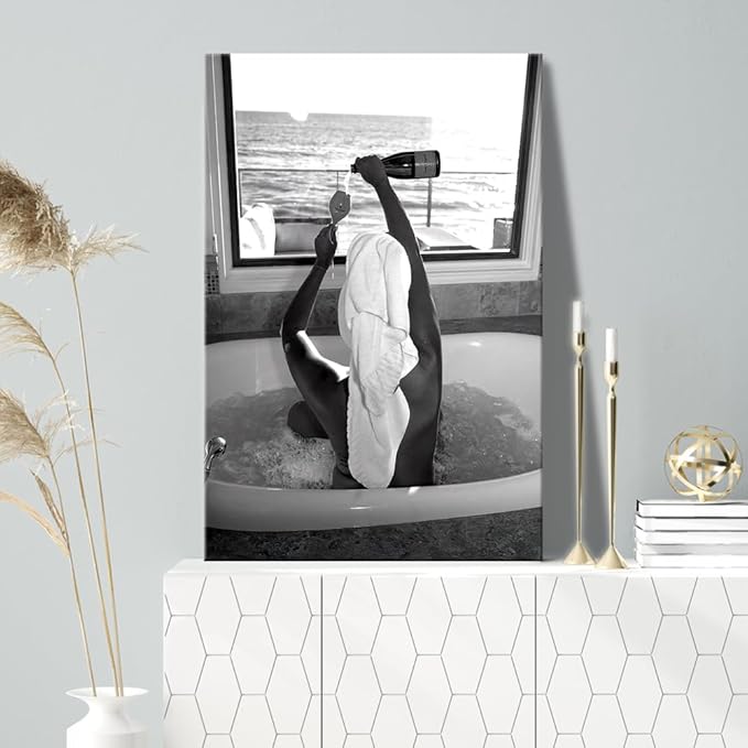Trendy Black and White Posters Funny Woman Drinking Wine in Bathtub Wall Art - Image 4