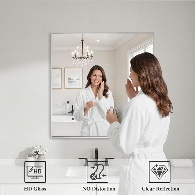 Koonmi Silver Rectangle Wall Mirror, 30x30 Inch Bathroom Mirror, Aluminum Frame - Image 3