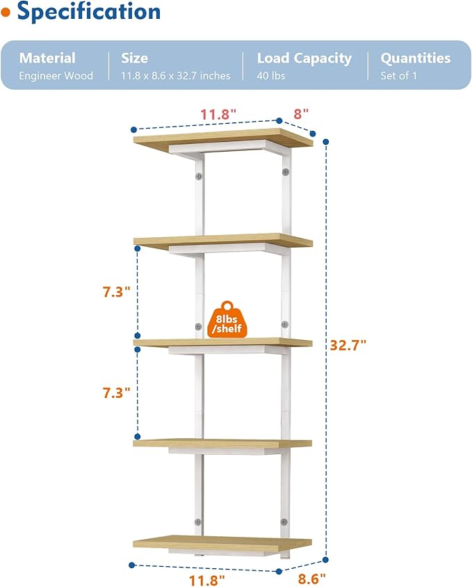 Harwaya White and Natural Tiered Wall Shelf Unit, 5 Tier Display Floating - Image 2