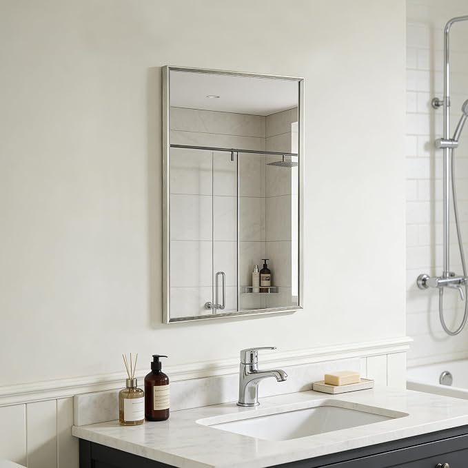 Bathroom Mirror for Wall, 16x24 Inch Metal Framed Mirror, Brushed Nickel - Image 9