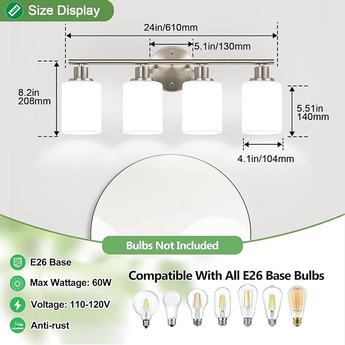 Zarbitta 4-Light Bathroom Light Fixtures, Brushed Nickel Modern Vanity Lights - Image 7