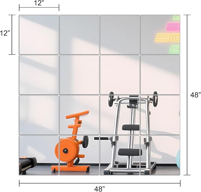 Ruomeng Home Gym Mirrors 12" x 12" x 16Pcs Wall Mounted Mirror Glass Frameless - Image 3
