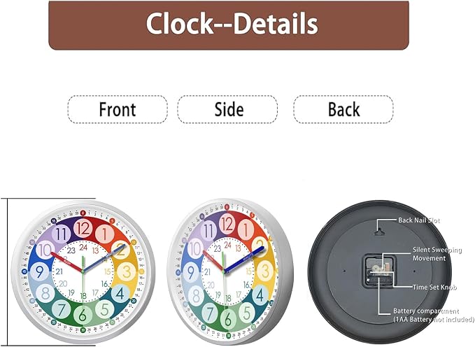 XFM Learning Clock for Kids 8 Inch Silent Wall Clocks Battery Operated Colorful - Image 7