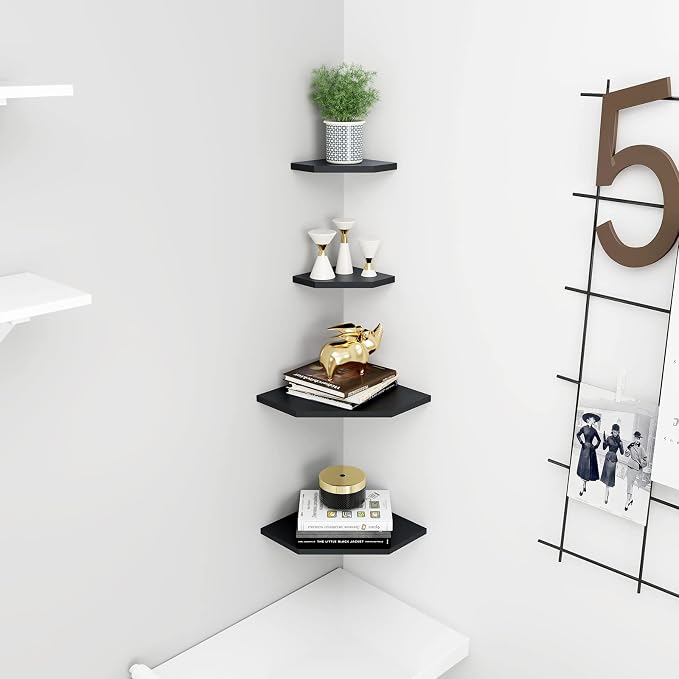 WELLAND 7-Inch Black Floating Corner Shelves Set of 2, Wall Mounted Storage - Image 2