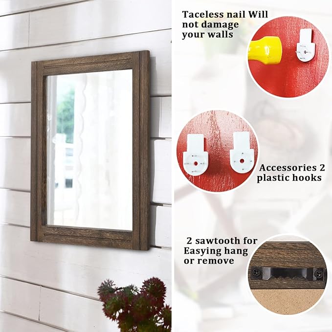 AAZZKANG Rustic Wood Mirror Rectangle Decorative Wall Hanging Mirrors - Image 3