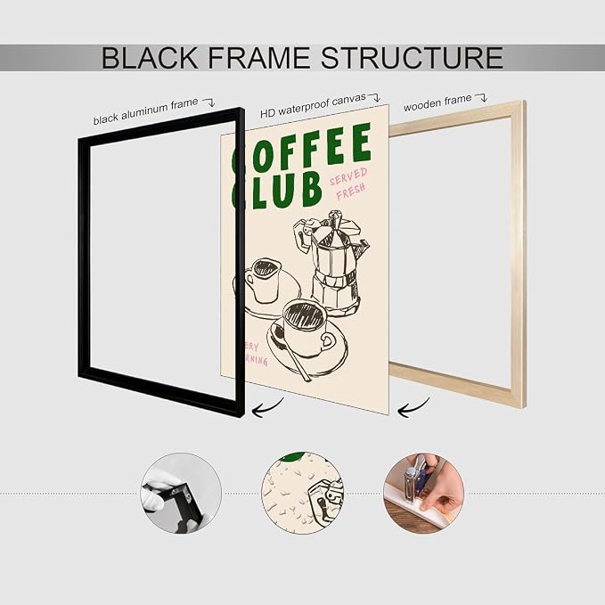Black Framed Canvas Wall Art Posters Kitchen Coffee Club Print Vintage Coffee - Image 3