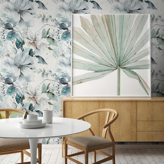Ice Blue White Large Hyacinth Floral Green Leaf Peel and Stick Wallpaper Wall - Image 6
