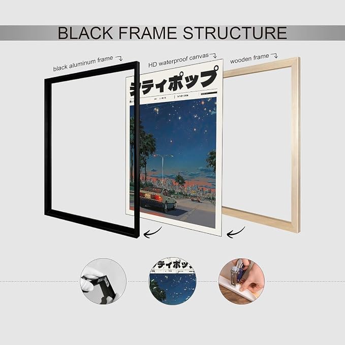 Vintage Japanese Black Framed Wall Art 90s Vaporwave Aesthetic Print Asian - Image 3