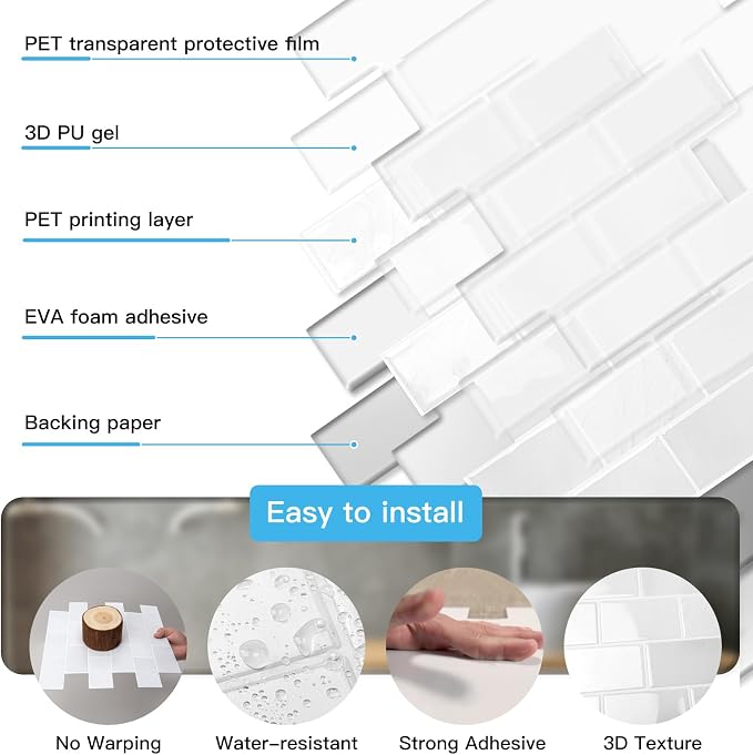 Art3d Peel and Stick Wall Tiles in White Marble– 10-Pack of 12 x12 Thickened - Image 7