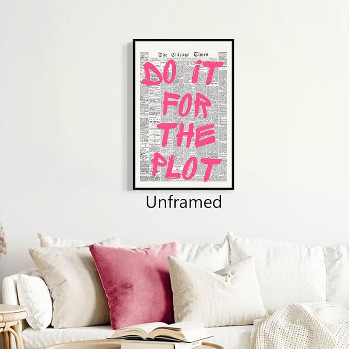 Pink Do It For The Plot Quote Poster, Vintage Black White Newspaper Canvas Wall - Image 5