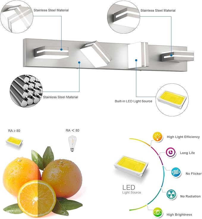SineRise LED Modern Bathroom Vanity Light Fixtures, Brushed Nickel Modern - Image 2