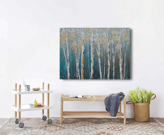 Yihui Arts Canvas Wall Art White Grey Birch Trees Branches Painting Gold Foil - Image 8