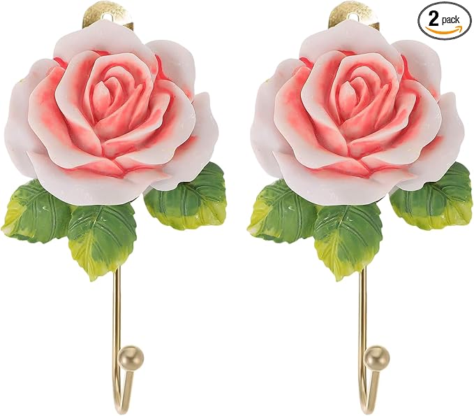 2 Pcs Pink Rose Decorative Wall Hooks, Fancy Resin Flower Towel & Key Hooks by MDPLY