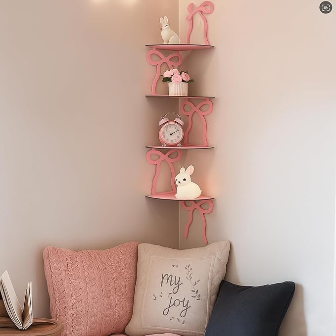 Kathfly 4 Tie Pink Bow Corner Shelf Wall Mounted Pink Floating Wood Corner - Image 6