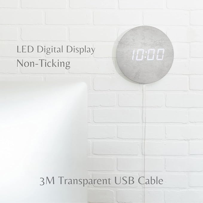 Minimalist LED Digital Wall Clock – USB Powered | Grey Concrete Style | 12/24 - Image 3