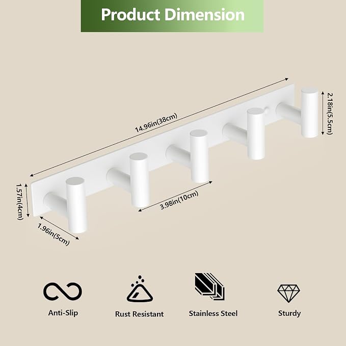 Wall Mounted Coat Rack-5 Hooks, Heavy Duty Stainless Steel Wall Hooks - Image 2